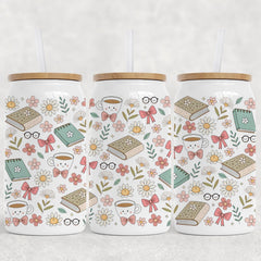 Floral Spring Books 16 Oz White Glass Can, Personalized Gift, Book Lover Gift