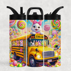 Whimsical School Bus 15 Or 20 Oz Flip Spout Water Bottle, Personalized Gift, Kids Tumbler, Back To School
