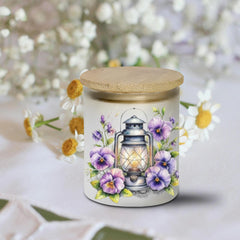 Pansy Lantern Frosted Candle Jar, Tealight With Timer Included, Floral Gift, Summer Decor, Bamboo Lid