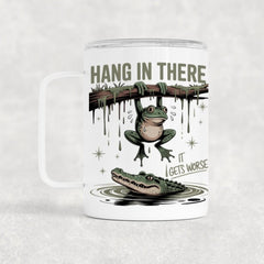 12 Oz Frog Hang In There Insulated Stainless Steel Camp Mug With Lid, Personalized Gift, Frog Lover Gift